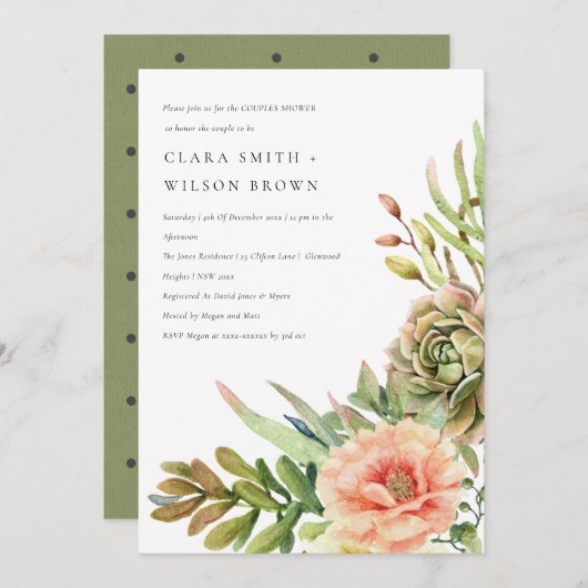 緑砂漠多肉性のサボテンの葉カップルのシャワー 招待状 (正面/裏面)