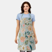 緑素晴らしピンクの花柄 エプロン (着用した状態)