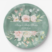 緑素朴かわいらしフローラ水色ヴィンテージ ペーパープレート (正面)