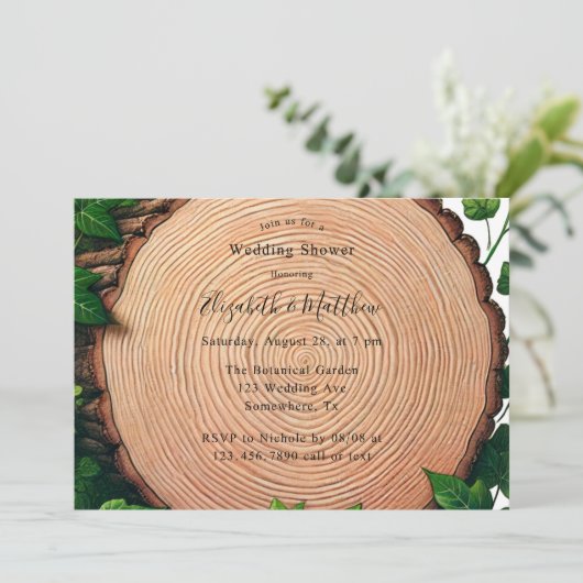 緑素朴と木のスライスウェディングシャワー 招待状 (スタンド正面)