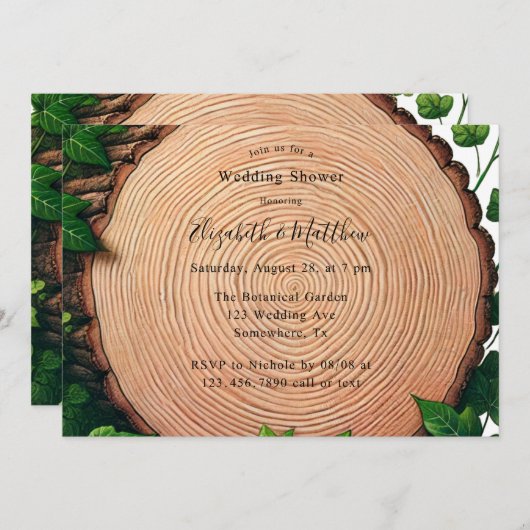 緑素朴と木のスライスウェディングシャワー 招待状 (正面/裏面)