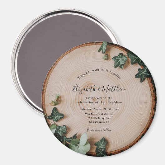 緑素朴と木のスライス結婚のお祝い マグネット (正面/裏面)