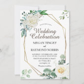 緑素朴と白のバラ幾何学模様結婚 招待状 (正面)