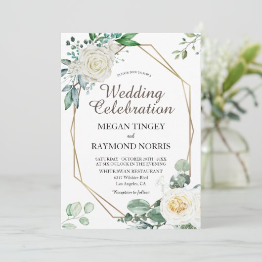 緑素朴と白のバラ幾何学模様結婚 招待状 (スタンド正面)