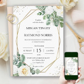 緑素朴と白のバラ幾何学模様金ゴールド 招待状