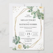 緑素朴と白のバラ幾何学模様金ゴールド 招待状 (正面)
