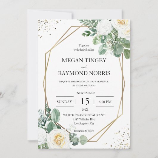 緑素朴と白のバラ幾何学模様金ゴールド 招待状 (正面)