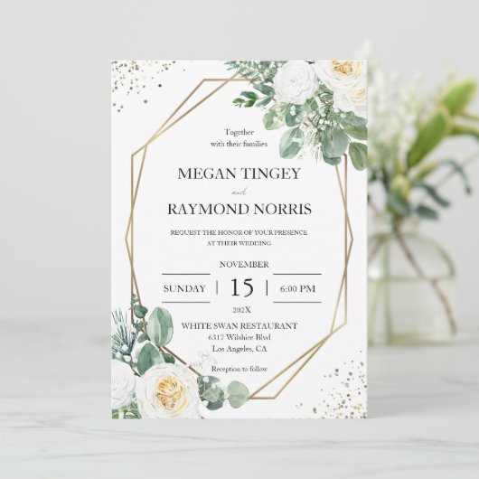 緑素朴と白のバラ幾何学模様金ゴールド 招待状 (スタンド正面)