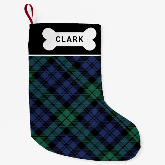 緑素朴と青の格子状のカスタム犬の名前 スモールクリスマスストッキング (正面)