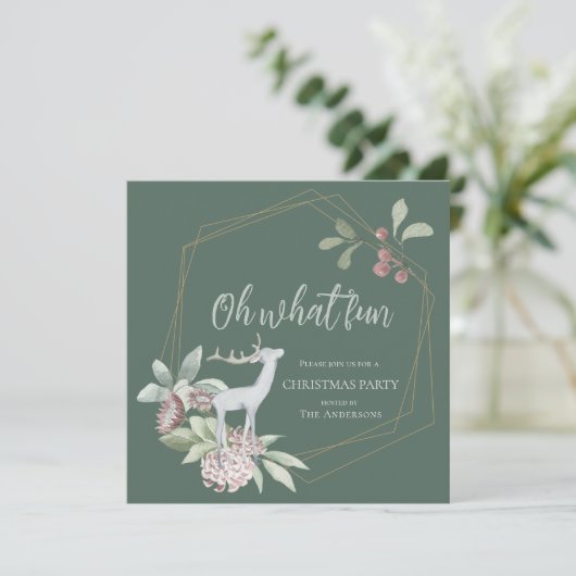 緑素朴のクリスマスああ何おもしろい鹿リース 招待状 (スタンド正面)
