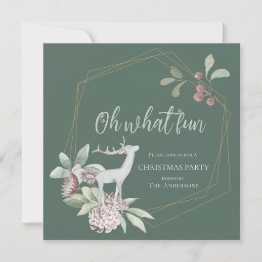 緑素朴のクリスマスああ何おもしろい鹿リース 招待状 (正面)