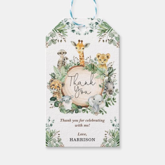 緑素朴のサファリジャングル動物ありがとう ギフトタグ (正面)