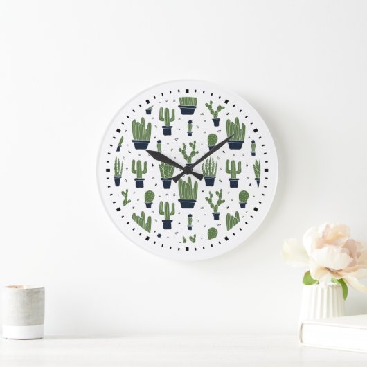 緑素朴のサボテン砂漠の模様 ラージ壁時計 (ホーム)