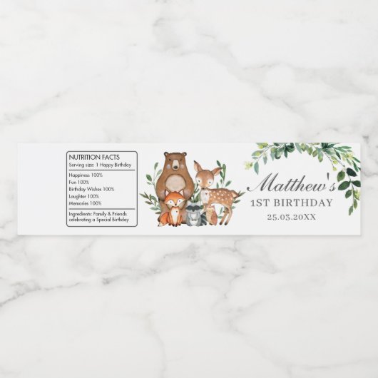 緑素朴のシックなウッドランド動物1st誕生日 ペットボトルラベル (シングルラベル)