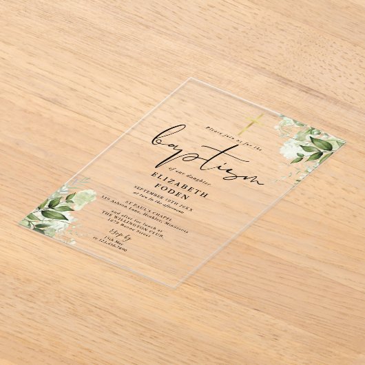 緑素朴のフローラエレガントのモダン洗礼 アクリル招待状 (レイダウン)