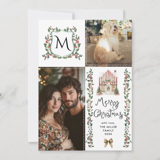緑素朴のモノグラムボウメリークリスマスフォト シーズンカード (正面)