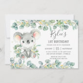 緑素朴のユーカリかわいいコアラ誕生日 招待状 (正面)