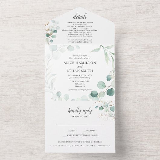 緑素朴のユーカリの夏の結婚夏 オールインワン招待状 (内側)