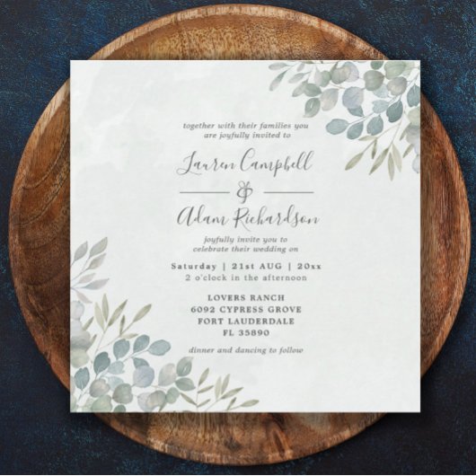 緑素朴のユーカリの水の色結婚の 招待状