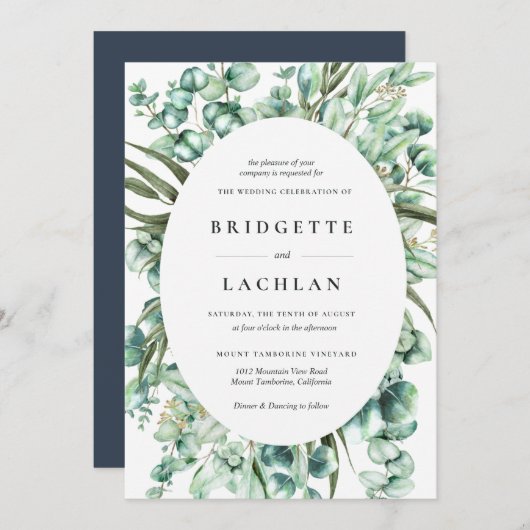 緑素朴のユーカリの水の色結婚の 招待状 (正面/裏面)