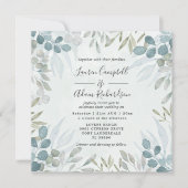 緑素朴のユーカリの水の色結婚の 招待状 (正面)