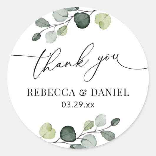 緑素朴のユーカリパーソナライズされたサンキュー ラウンドシール (正面)