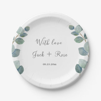 緑素朴のユーカリ結婚サマー。 ペーパープレート