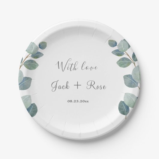 緑素朴のユーカリ結婚サマー。 ペーパープレート (正面)