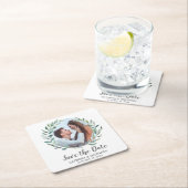 緑素朴のリース写真結婚式の日付を保存 スクエアペーパーコースター (インサイチュ)