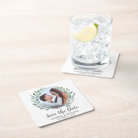 緑素朴のリース写真結婚式の日付を保存 スクエアペーパーコースター (インサイチュ)