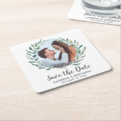 緑素朴のリース写真結婚式の日付を保存 スクエアペーパーコースター (アングル)