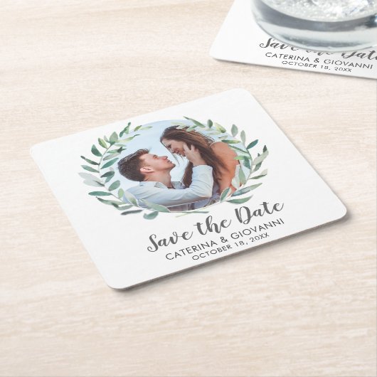 緑素朴のリース写真結婚式の日付を保存 スクエアペーパーコースター (アングル)