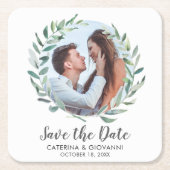 緑素朴のリース写真結婚式の日付を保存 スクエアペーパーコースター (正面)