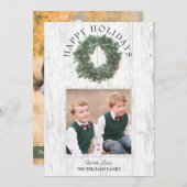 緑素朴のリース家族2枚の写真ハッピー シーズンカード (正面/裏面)