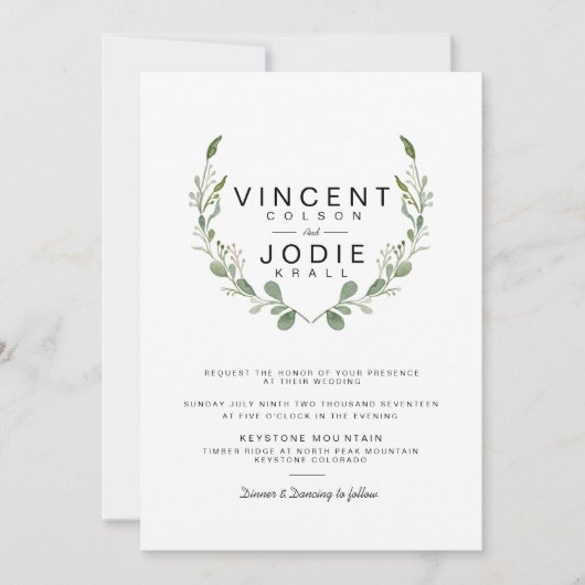 緑素朴のリース水の色の結婚式の招待 招待状 (正面)