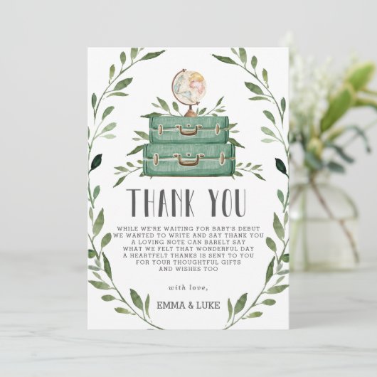 緑素朴の冒険ベビーシャワースーツケース サンキューカード (スタンド正面)