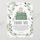 緑素朴の冒険ベビーシャワースーツケース サンキューカード (正面/裏面)