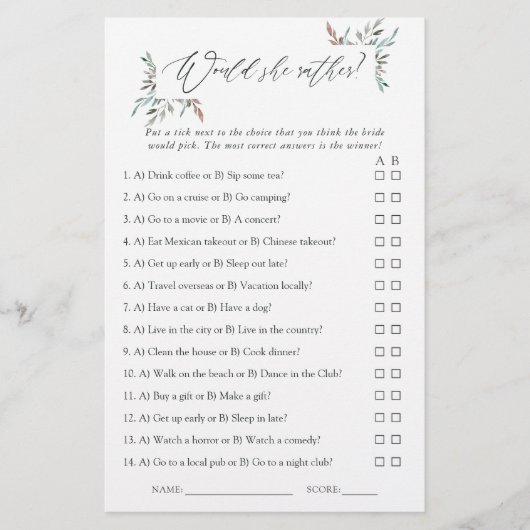 緑素朴の冬のブライダルシャワーゲーム (正面)