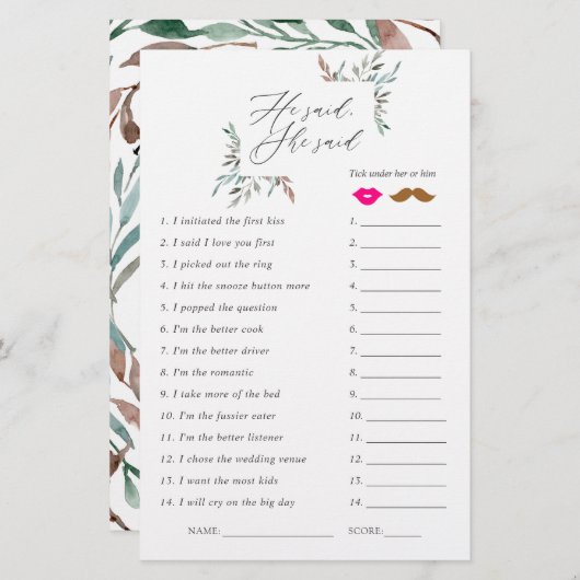 緑素朴の冬のブライダルシャワーゲーム (正面/裏面)