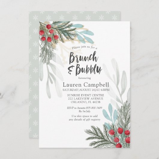 緑素朴の冬の水の色のブライダルシャワー 招待状 (正面/裏面)