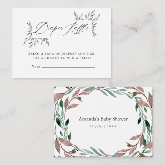 緑素朴の冬の赤ちゃんシャワーおむつラッフル エンクロージャーカード (正面/裏面)