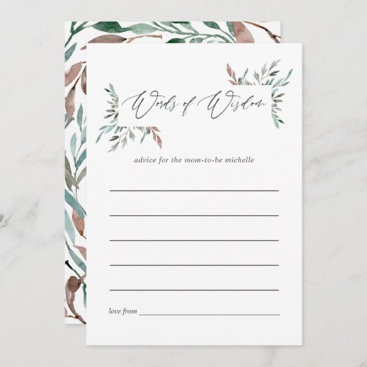 緑素朴の冬の赤ちゃんシャワーママアドバイス アドバイスカード (正面/裏面)