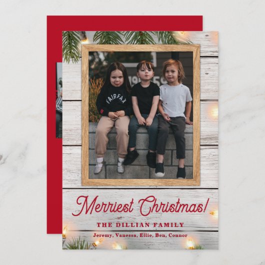 緑素朴の木とライトのクリスマスフォト シーズンカード (正面/裏面)