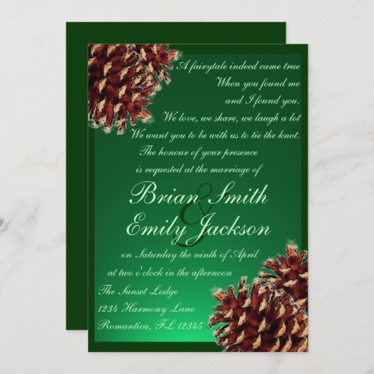 緑素朴の松の円錐のカスタム結婚招待状 招待状 (正面/裏面)