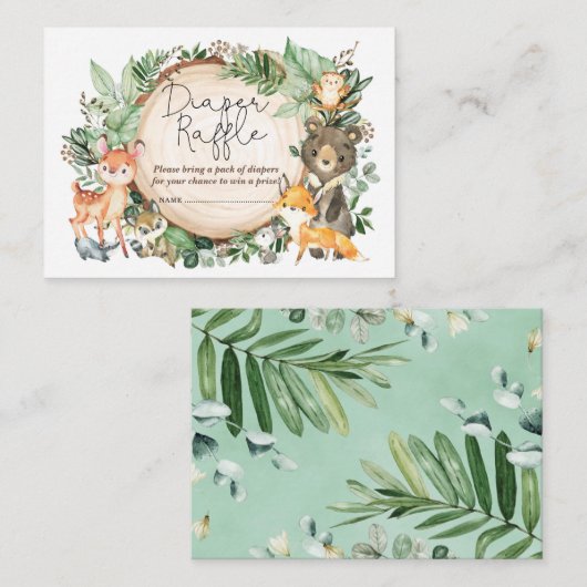 緑素朴の森の動物おむつラッフル エンクロージャーカード (正面/裏面)