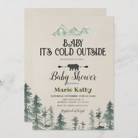 緑素朴の森の赤ちゃんシャワー外は寒い 招待状 (正面/裏面)
