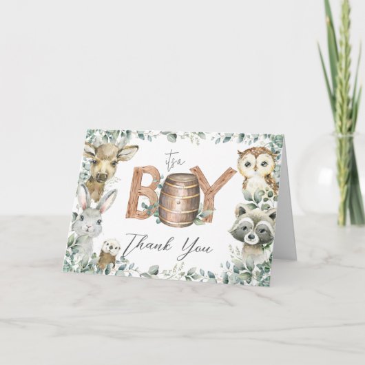 緑素朴の森林動物の赤ちゃんシャワーテント サンキューカード (正面)