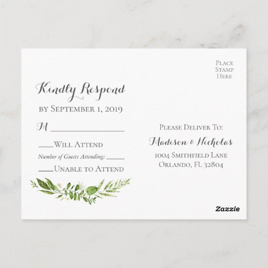 緑素朴の結婚式RSVPはがき ポストカード (裏面)