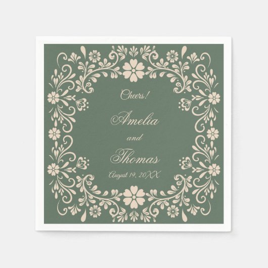 緑素朴の花結婚の スタンダードカクテルナプキン (正面)