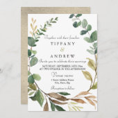緑素朴の葉のリースモダン結婚の 招待状 (正面/裏面)